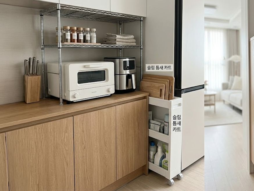 버려지던 틈새 공간을 수납으로 활용한 부엌 이미지