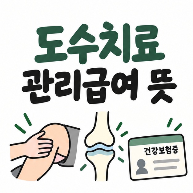 도수치료 장면과 건강보험 카드 아이콘 옆에 도수치료 관리급여 뜻이라는 제목이 크게 적힌 대표 썸네일