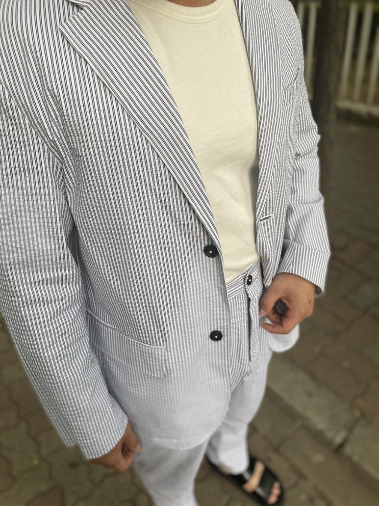 데일리룩(오뭘입)_비슬로우스탠다드 시어서커 셋업수트 엠엠지엘 mmgl 샌들 OOTD