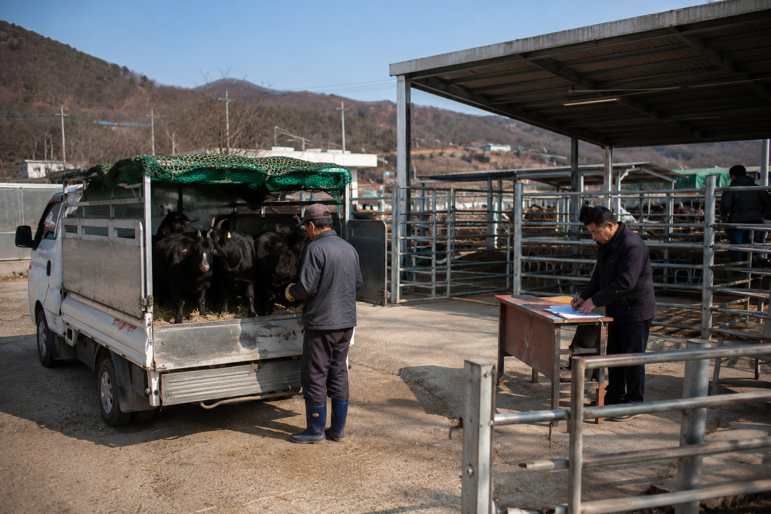 염소 경매 절차를 앞두고 가축시장에 도착한 농가의 출하 준비 장면