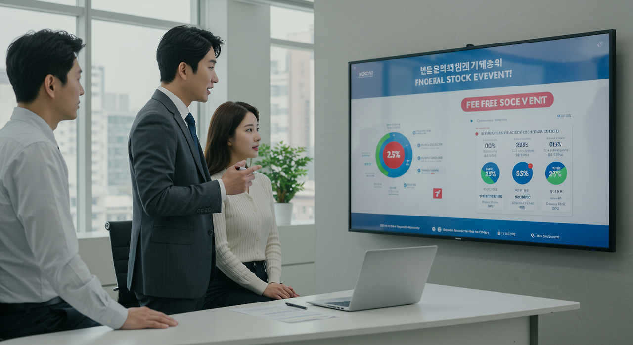 금융 상담사가 부부에게 주식 수수료 무료 이벤트를 설명하는 장면