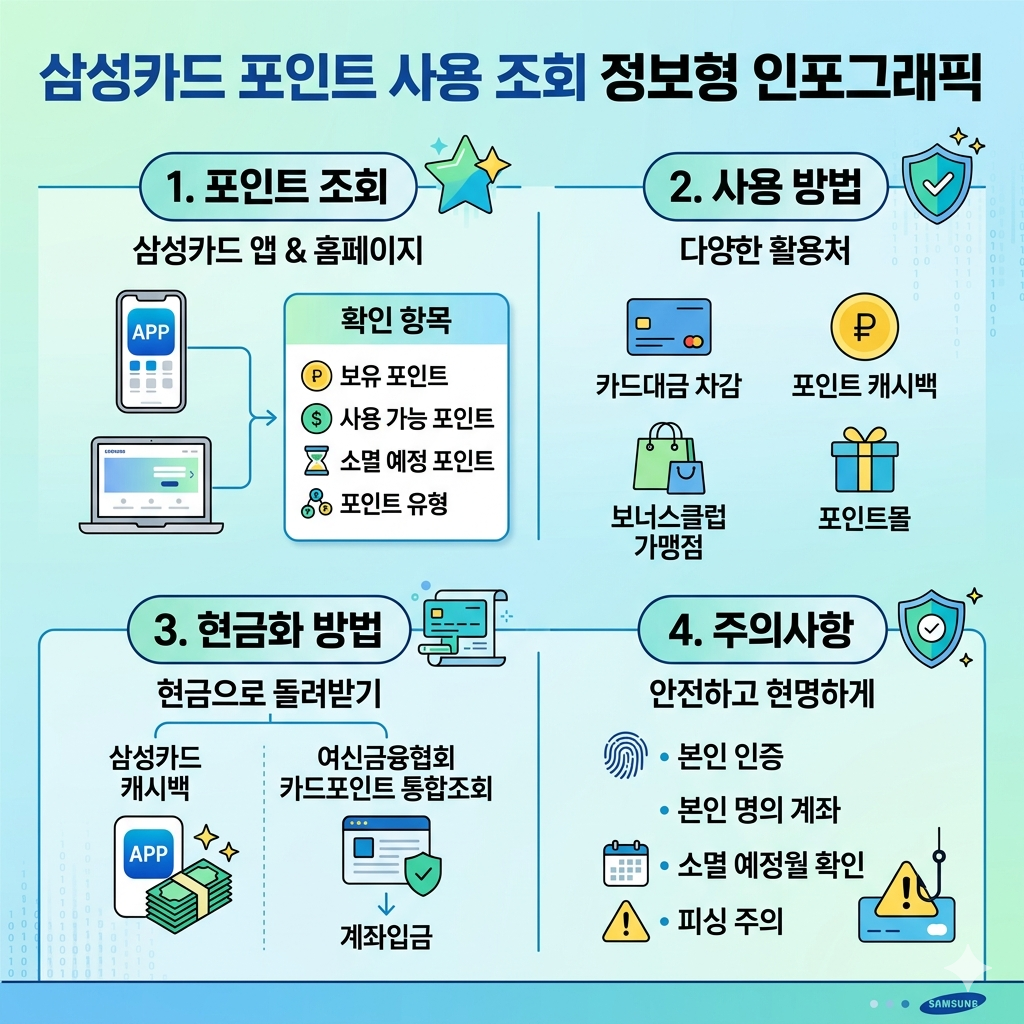 삼성카드 포인트 사용 조회 방법 보유 포인트&middot;사용처&middot;현금화&middot;소멸예정 확인 인포그래픽