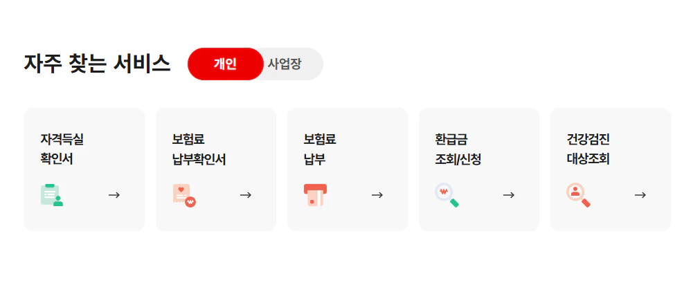 국민건강보험공단 홈페이지 자주 찾는 서비스 화면