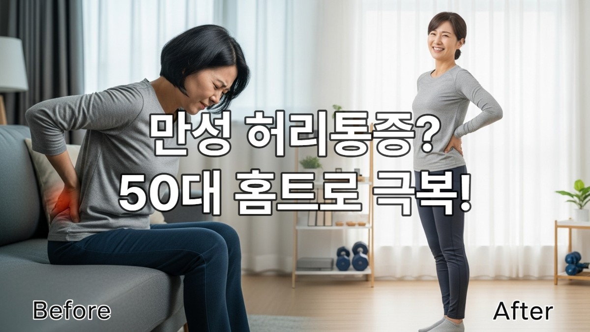 만성 허리통증으로 고통받던 50대 여성이 6개월간의 홈트레이닝 후 건강하고 활기찬 모습으로 변화한 비포앤애프터 사진.