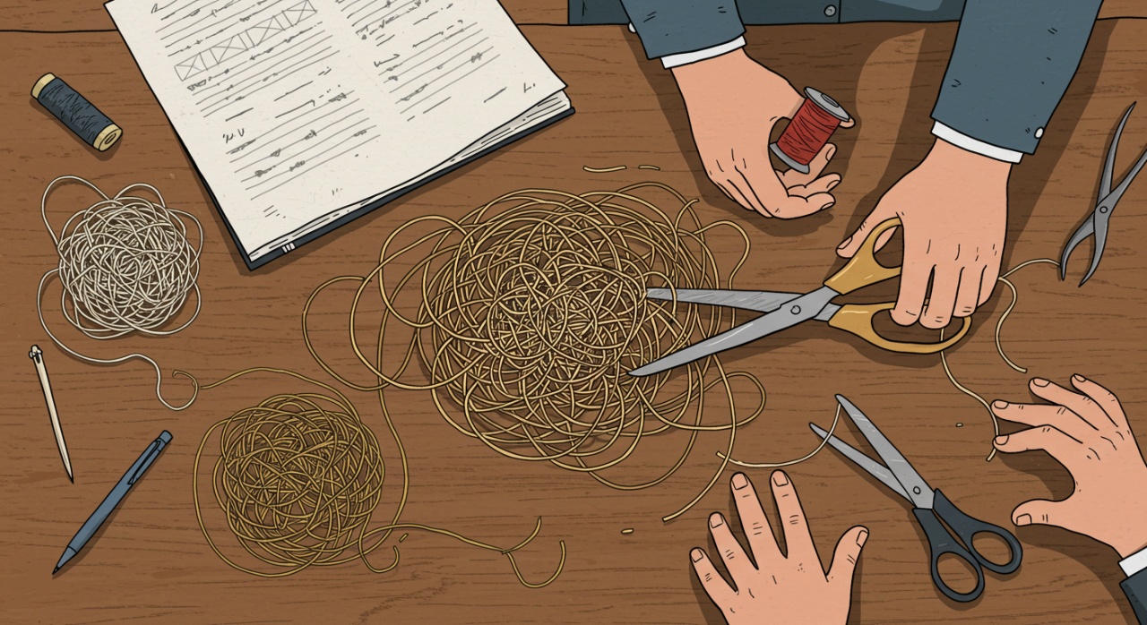 겹겹이 얽힌 실을 가위로 자르려는 모습, 단순한 해결에 집착하는 심리를 상징