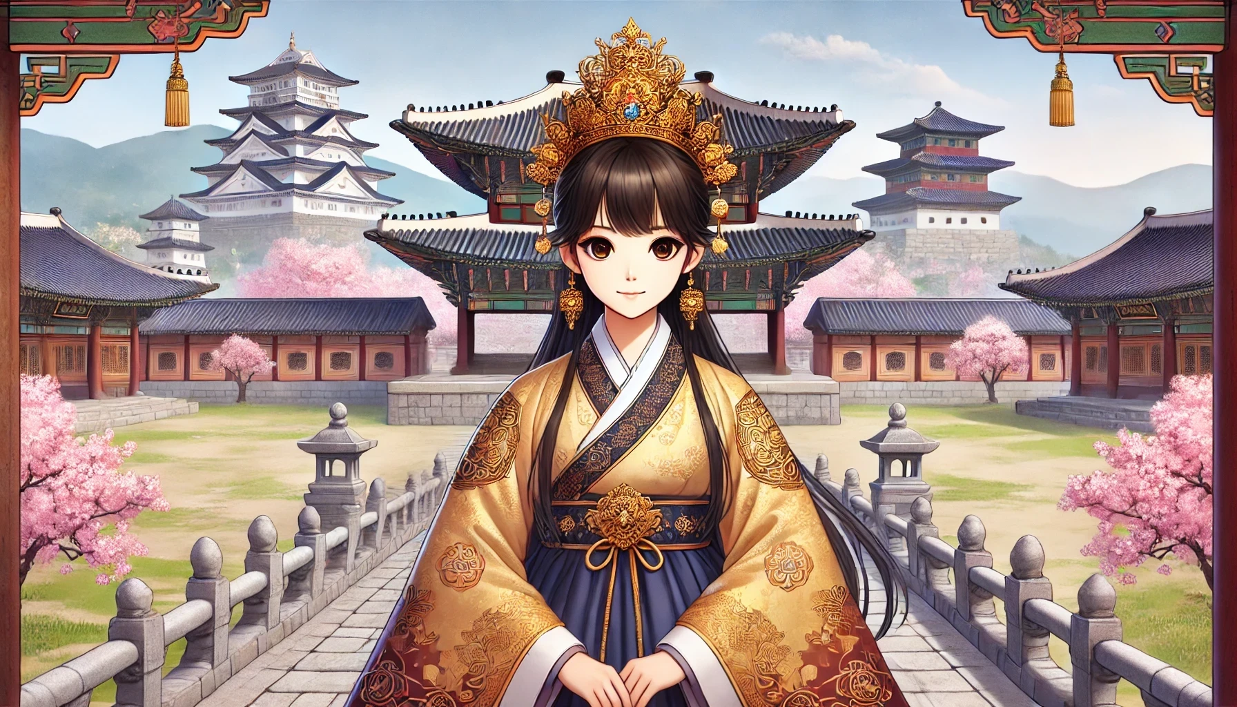 신라의 궁전과 정원을 배경으로 한 애니메이션 스타일의 일러스트입니다! 고풍스러운 건축과 자연이 어우러져 신라 시대의 역사적 분위기