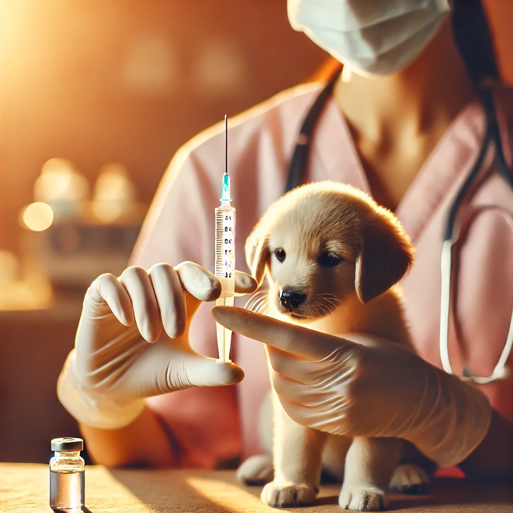 강아지 백신 주사를 준비하는 수의사