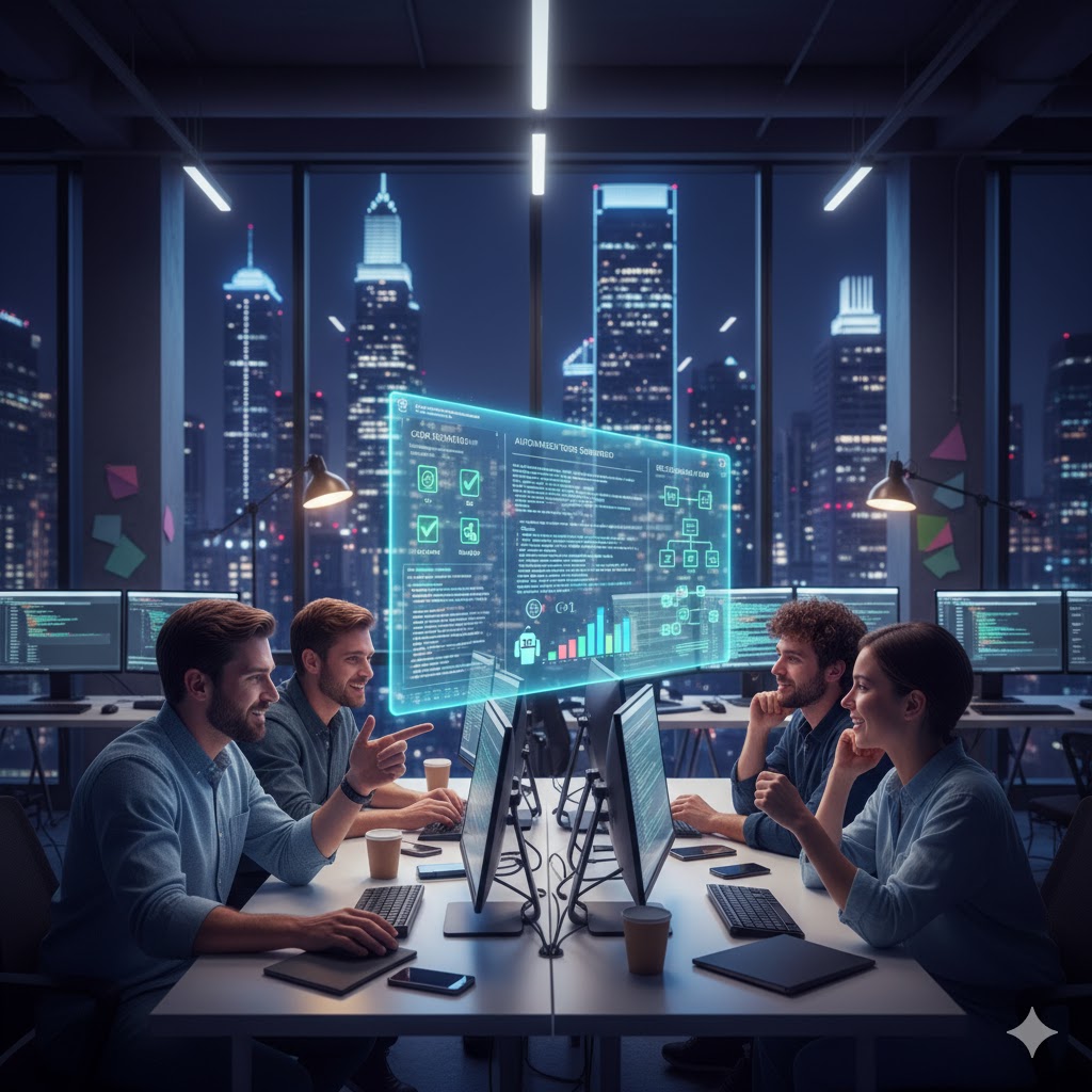 어두운 밤, 도시의 스카이라인이 보이는 고층 사무실에서 네 명의 개발자가 탁자에 둘러앉아 AI 기반의 페어 프로그래밍을 하고 있다. 탁자 중앙에는 투명한 홀로그램 스크린이 떠 있는데, 여기에는 코드, 데이터 시각화, 그리고 AI가 분석한 코드 리뷰 결과 같은 정보가 실시간으로 표시되고 있다. 개발자들은 각자 앞에 놓인 컴퓨터를 보며 서로 의견을 나누고 있으며, 모두 만족스럽고 협력적인 표정을 짓고 있다.