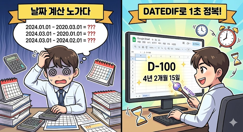 날짜 계산 정복: DATEDIF 함수로 디데이(D-Day)와 근속 연수 구하기 (구글 시트/엑셀)