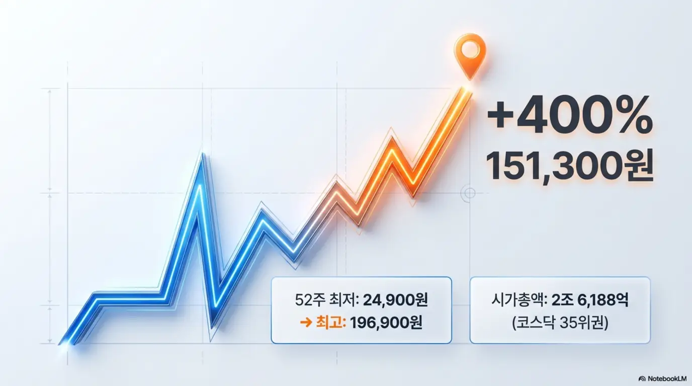 두산테스나 주가가 52주 최저 24&amp;#44;900원에서 최고 196&amp;#44;900원까지 급등해 1년 수익률 약 400%를 기록하며 151&amp;#44;300원에 도달한 흐름을 꺾은선 그래프로 보여주는 이미지. 시가총액 2조 6&amp;#44;188억원으로 코스닥 35위권에 오른 점도 함께 표시되어 두산테스나 주가 전망의 출발점이 되는 시세 정보를 시각적으로 전달함 