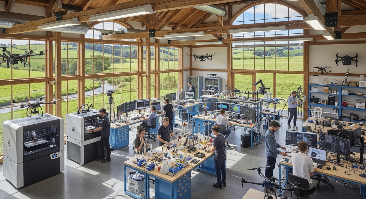 활기찬 소멸 위험 지역의 중견기업 R&amp;D 연구실에서 연구원들이 협력하여 혁신적인 기술을 개발하는 모습.