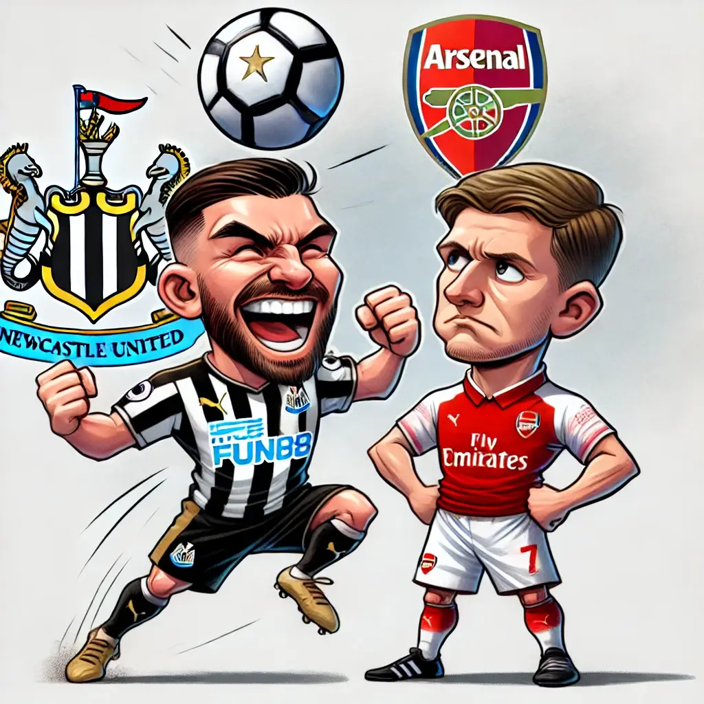 뉴캐슬 선수가 아스널을 이기고 기뻐하는 캐리커처 일러스트