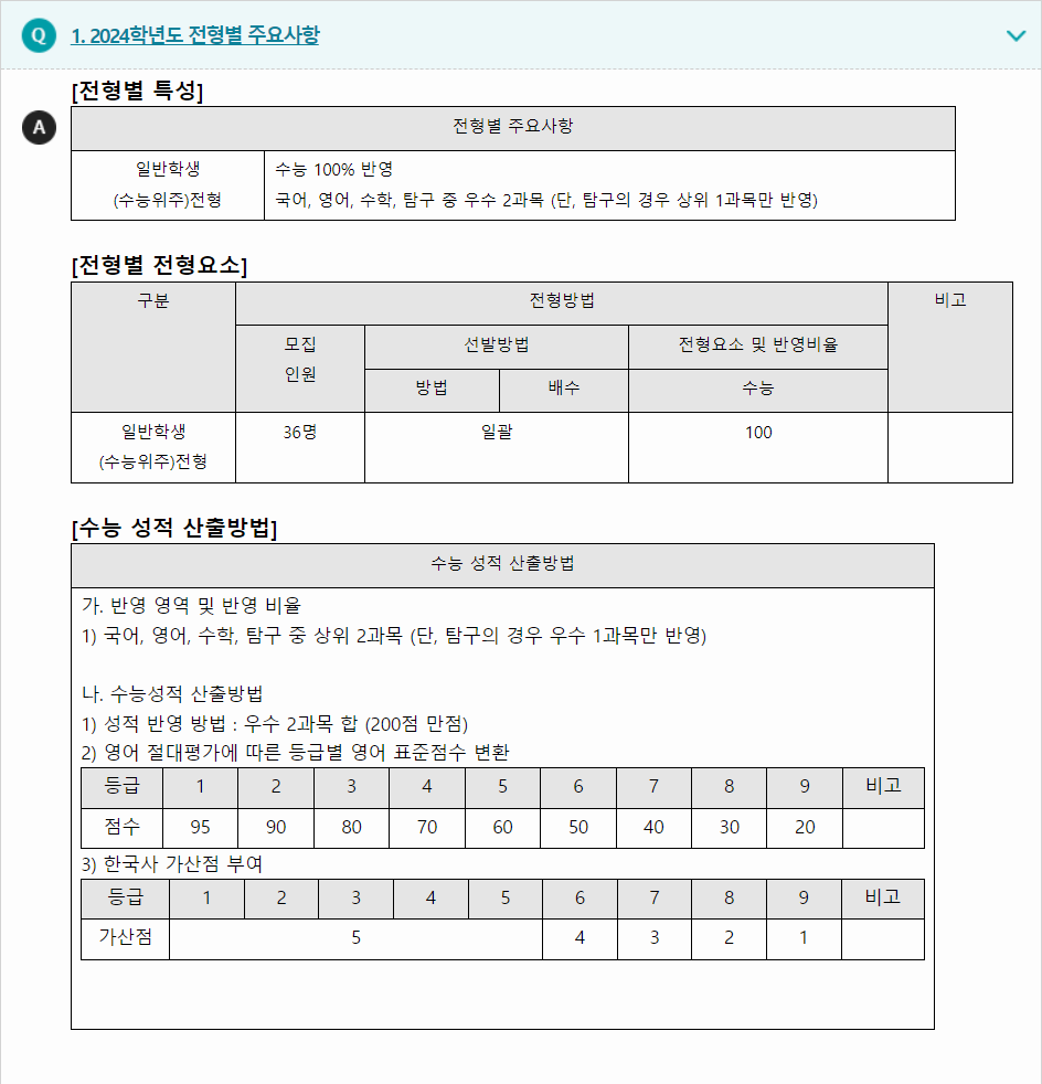 2024학년도 한라대학교 수능위주전형 전형별 주요사항