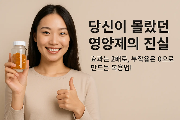 영양제 병을 들고 엄지손가락을 치켜세우며 미소 짓는 여성과 '당신이 몰랐던 영양제의 진실, 효과는 2배로, 부작용은 0으로 만드는 복용법!'이라는 텍스트가 함께 있는 이미지
