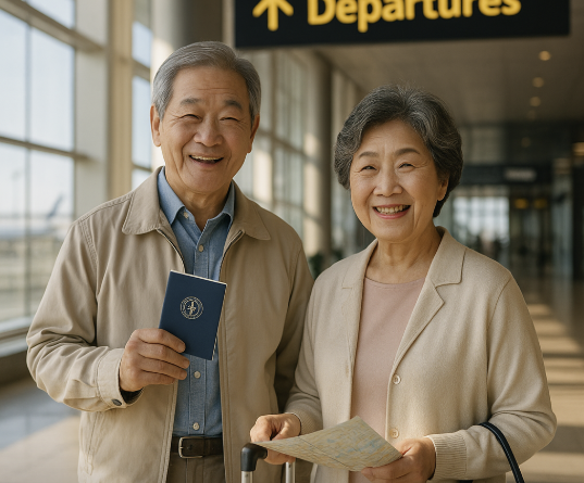 첫 여행을 떠나기 위해 공항에 있는 60대 부부