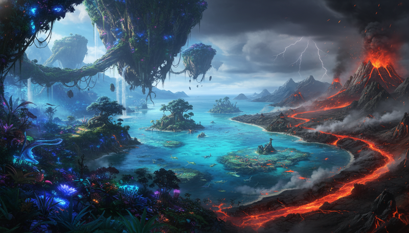 아바타 1의 숲, 2의 바다, 3의 화산 지형이 조화롭게 배치된 판도라 행성의 환상적인 풍경