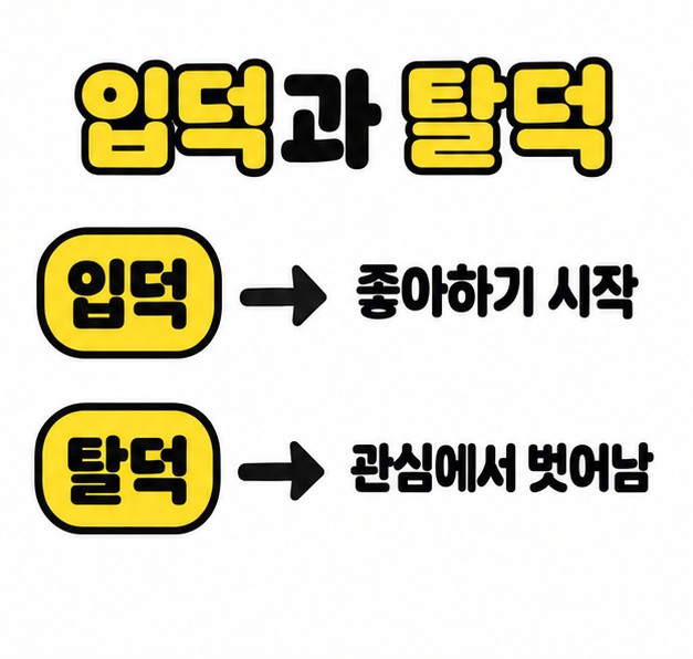 입덕은 좋아하기 시작하는 것, 탈덕은 관심에서 벗어나는 것으로 설명하며 두 단어를 노란색으로 강조한 이미지