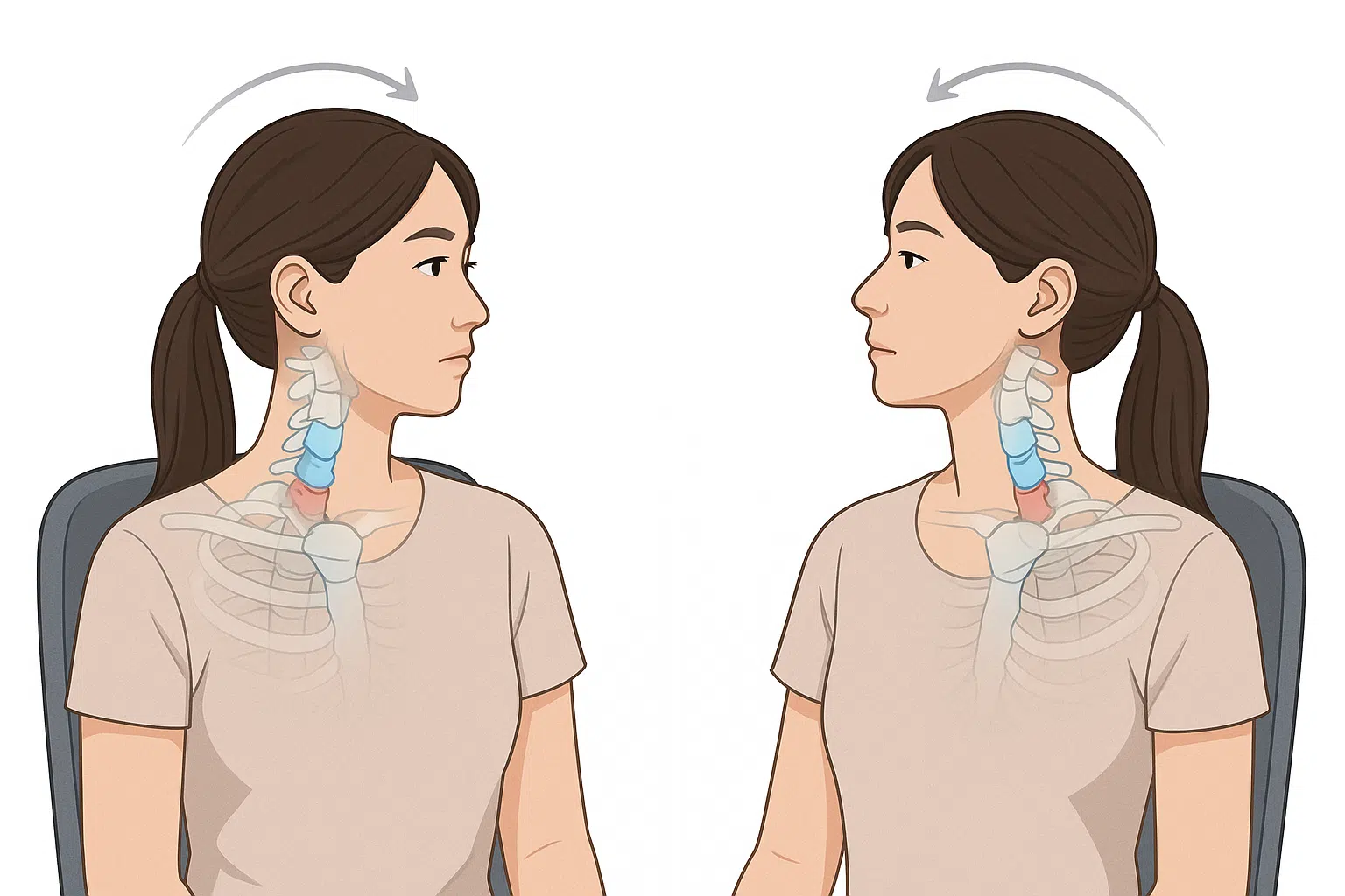 의자에 앉은 한국인 여성이 고개를 좌우로 돌리는 모습, 목 관절의 회전 구조를 투명한 해부학 오버레이로 표현