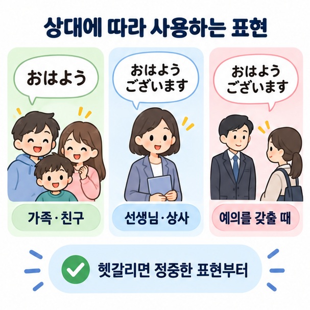 가족 친구와 상사에게 각각 오하요와 오하요 고자이마스를 사용하는 장면