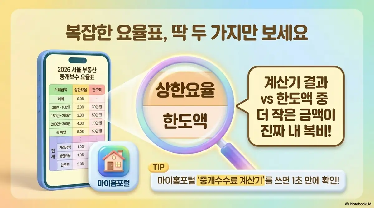 부동산 중개수수료: 2026년 서울 부동산 중개보수 요율표와 상한요율 및 한도액 개념을 스마트폰 화면과 돋보기로 설명한 인포그래픽 이미지. 이 이미지는 요율표에서 상한요율과 한도액 중 더 작은 금액이 실제 복비라는 핵심 정보를 시각적으로 전달하며, 블로그의 중개수수료 요율표와 관련된 내용을 설명함