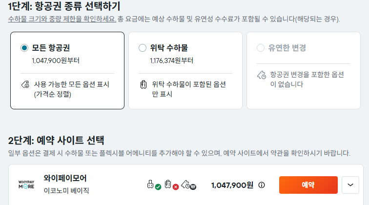 위탁수하물 가격이 포함된 옵션에 대해 잘 알려줍니다. 무조건 저렴한 항공권을 구하면 안된다는 점이 매우 중요함을 알려주는 이미지입니다.