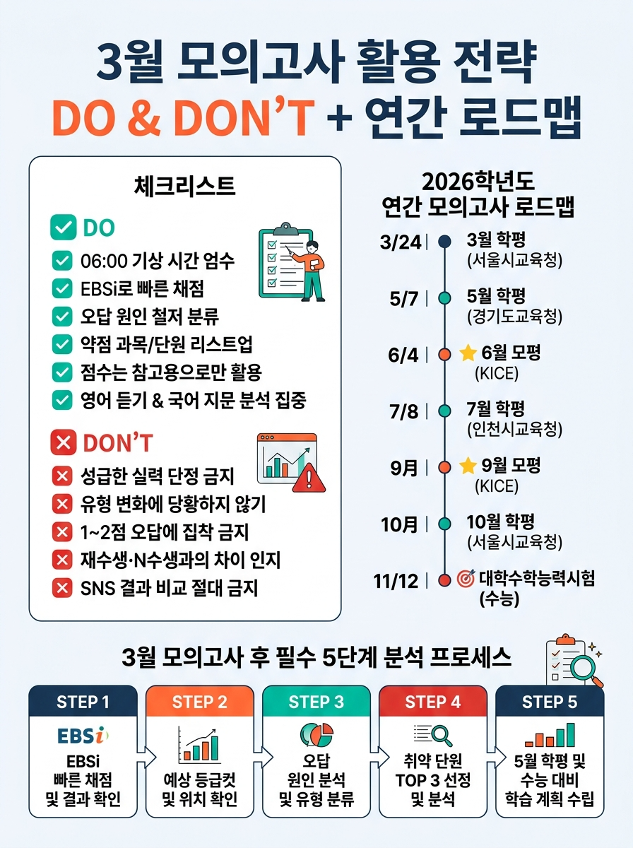 2026년 3월 모의고사 활용 전략 DO & DON'T 체크리스트와 고3 연간 모의고사 로드맵 인포그래픽 — 시험 전날 기상시간 조절 EBSi 가채점 오답 원인 분류 약점 단원 리스트업 등 6가지 필수 행동, 3월 성적으로 수능 예단 금지 교육청 학평과 평가원 출제기조 차이 인지 등 5가지 주의사항, 3월 24일부터 11월 수능까지 6회 전국단위 모의고사 일정 타임라인, 가채점부터 주차별 보완 플랜까지 성적 분석 5단계 포함