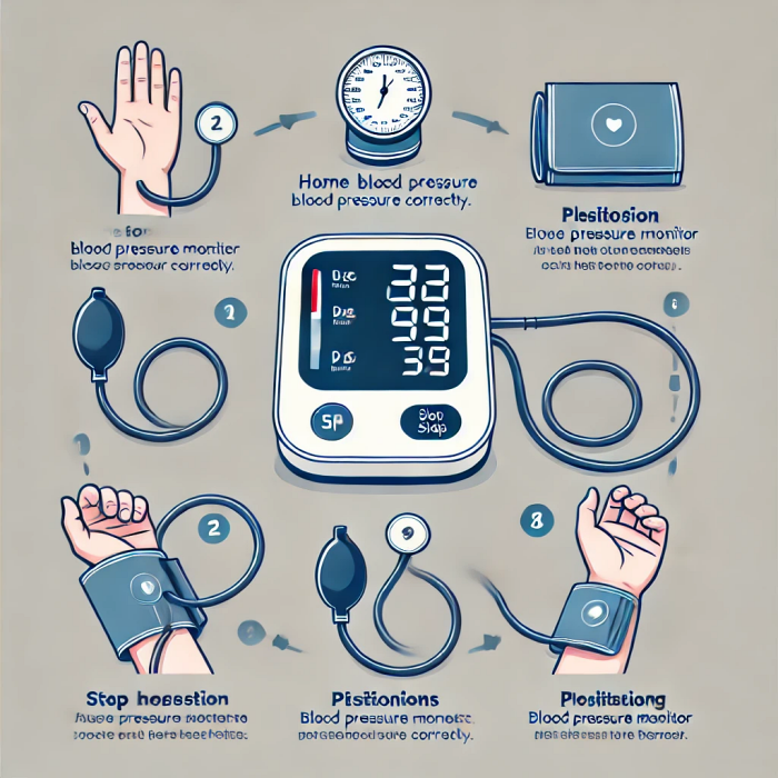 가정용 혈압계 사용 방법을 설명하는 다이어그램