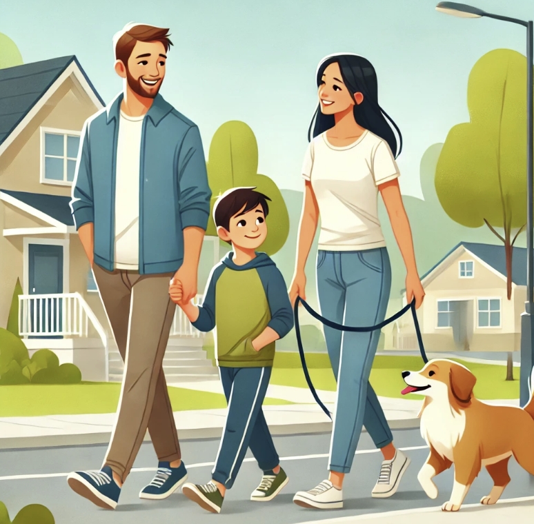 가족 다같이 산책하는 사진