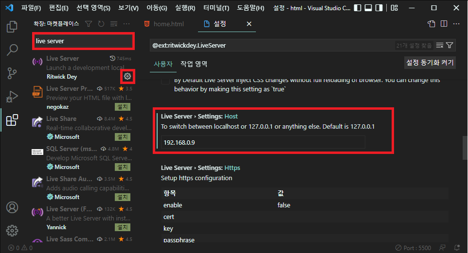 VSCode, Liver Server 설정 화면, Host 설정