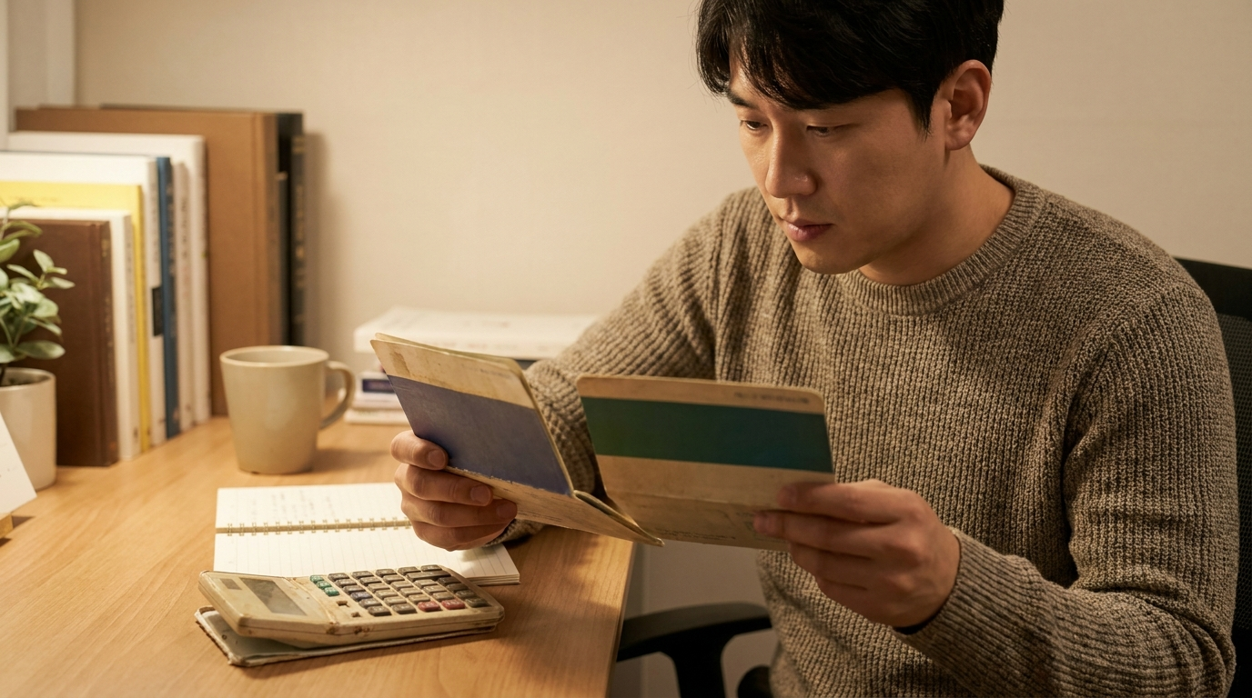 통장 두 개를 나란히 놓고 비교하는 사람