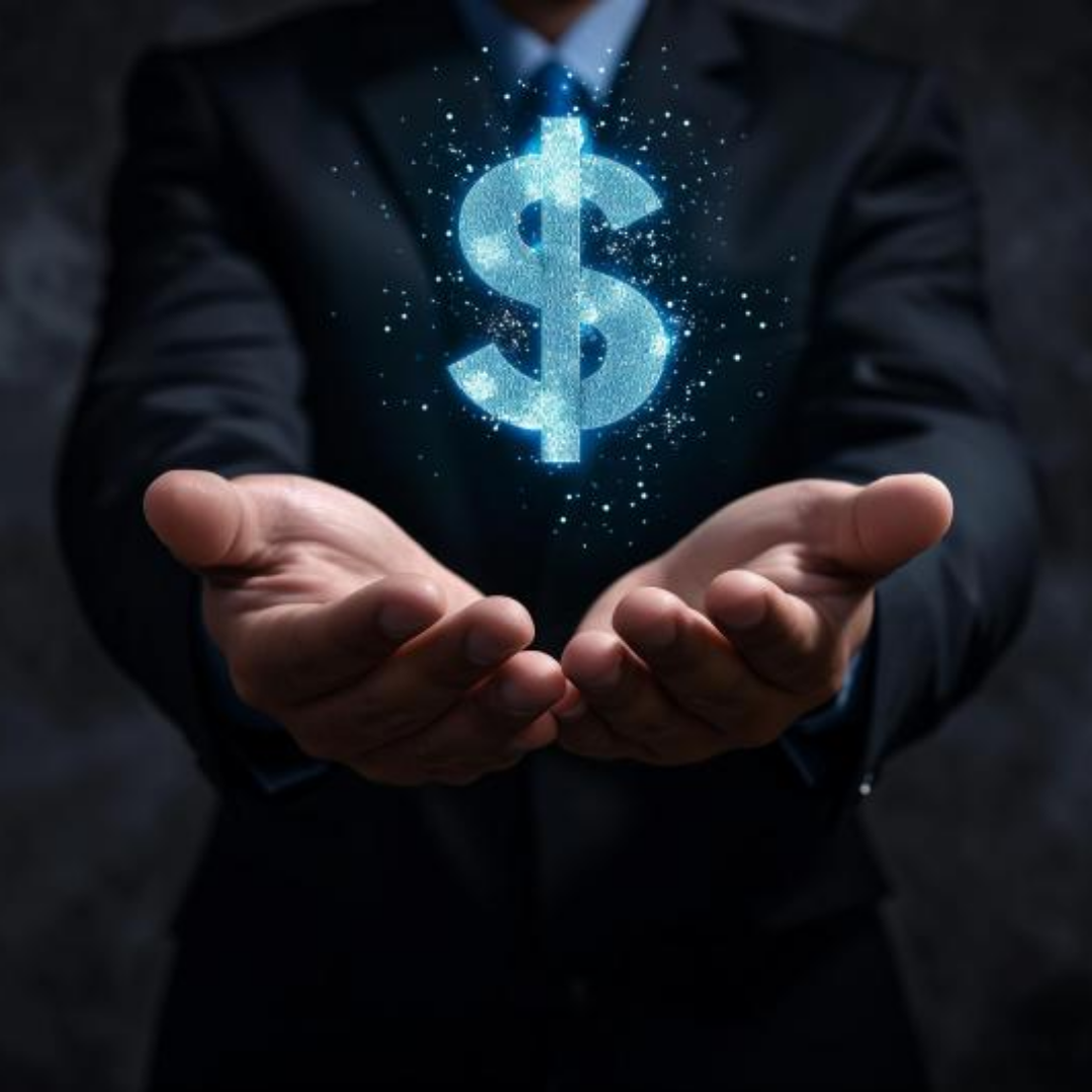 한 남자가 두 손을 모으고 있고 그 위에 달러 표시가 있다.