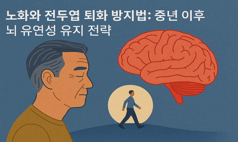 이 이미지는 자연 속을 걷는 중년 남성과 뇌, 책, 운동 아이콘을 배치해 전두엽 유연성 유지를 위한 핵심 요소들을 시각적으로 표현하고 있다. 전반적으로 따뜻한 색감과 간결한 구성은 건강한 중년의 뇌 활동과 일상 루틴의 중요성을 부드럽게 전달한다.