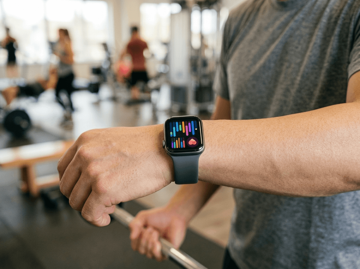 건강 데이터를 스마트워치로 확인하는 중년 남성의 손목 클로즈업 사진