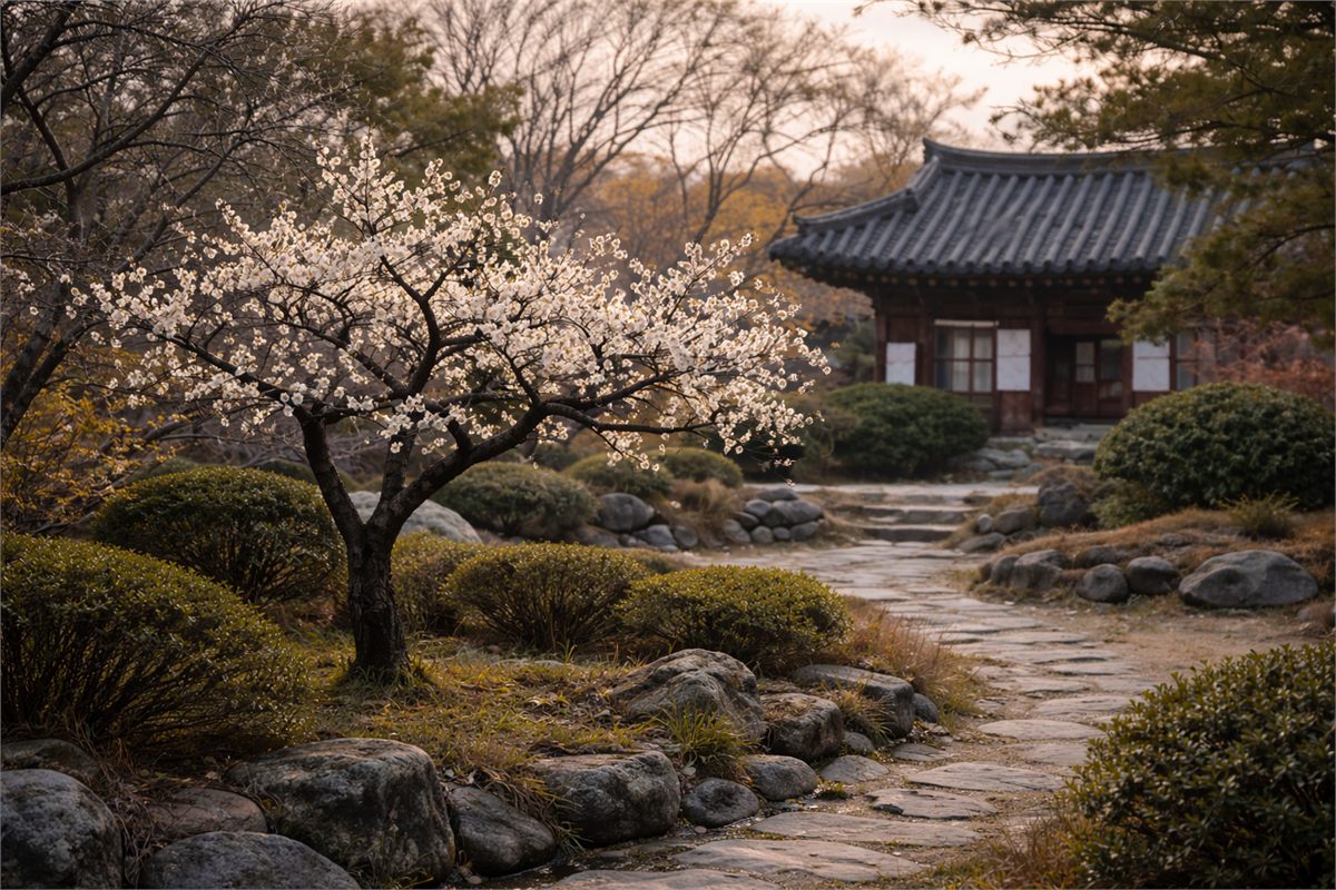 잎보다 먼저 핀 매화가 보이는 한국식 정원 전경 