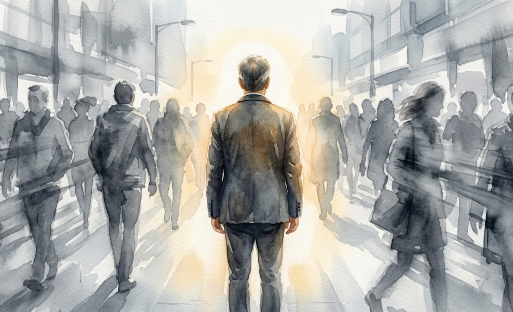 회색빛으로 흐릿하게 움직이는 바쁜 군중들 사이에, 정지한 채 온화한 빛을 내뿜으며 홀로 서 있는 중년 남성의 뒷모습