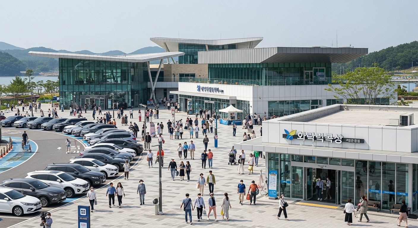 넓고 쾌적한 시설을 자랑하는 고속도로 휴게소의 전경. 사람들이 산책하거나 건물을 오가는 활기찬 모습.