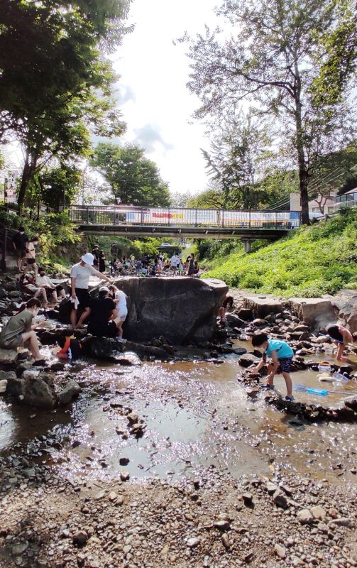 계곡아래에서 찍은 계곡에서 놀고있는 아이들 모습