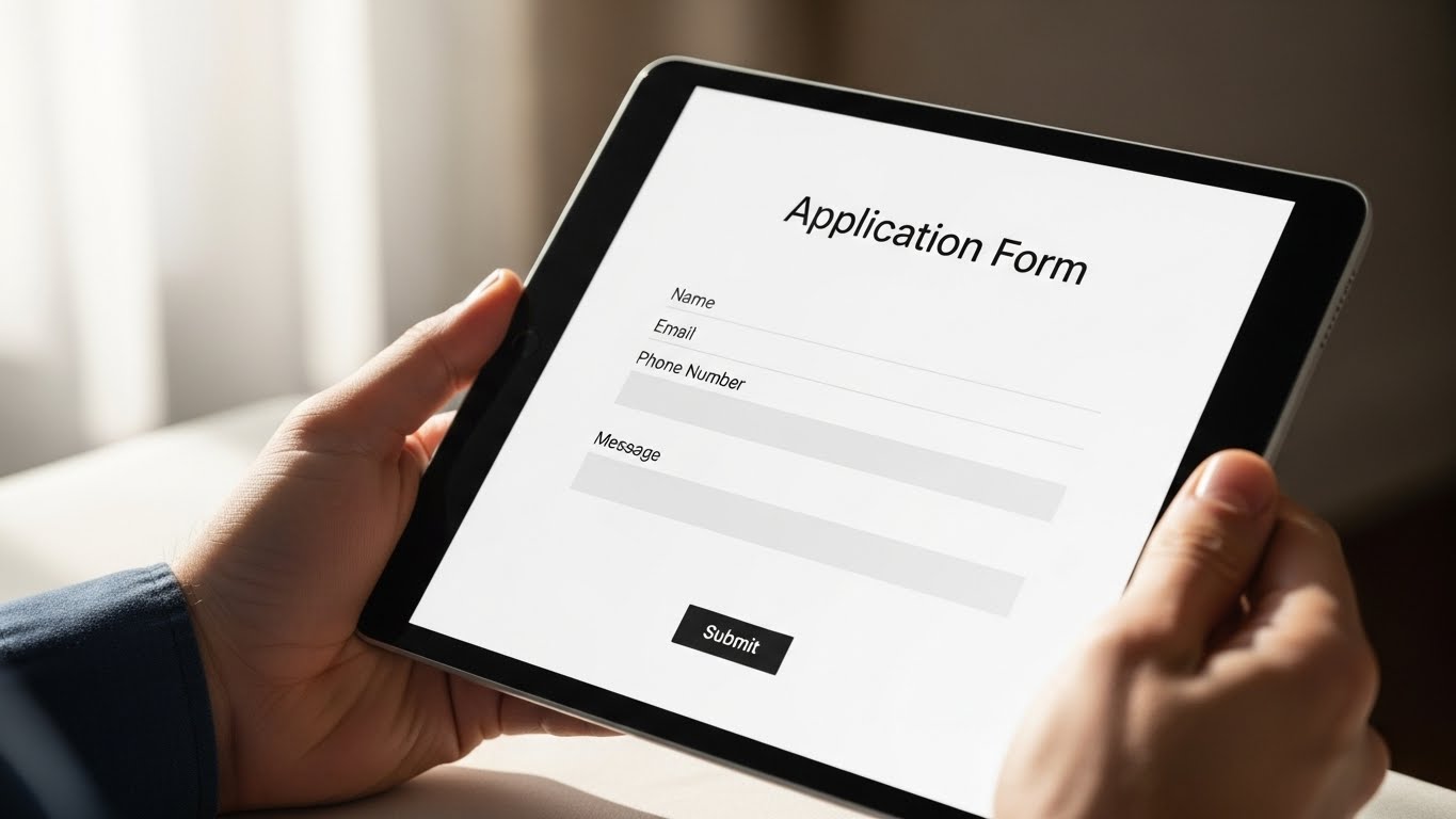 태블릿 PC를 이용해 온라인 지원금을 신청하는 과정의 근접 촬영 사진