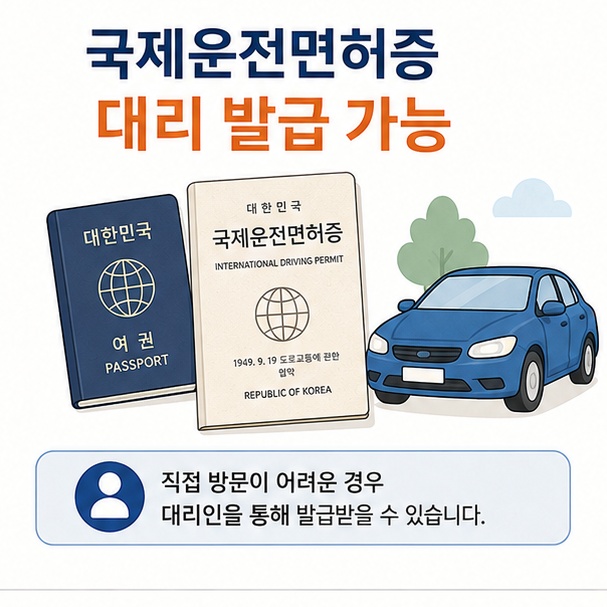 국제운전면허증과 여권 및 자동차를 통해 국제운전면허증을 대리 신청할 수 있음을 설명한 이미지