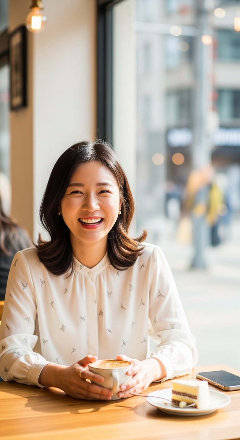 카페에서 밝은 미소를 지으며 앉아있는 깔끔한 블라우스 차림의 여성.