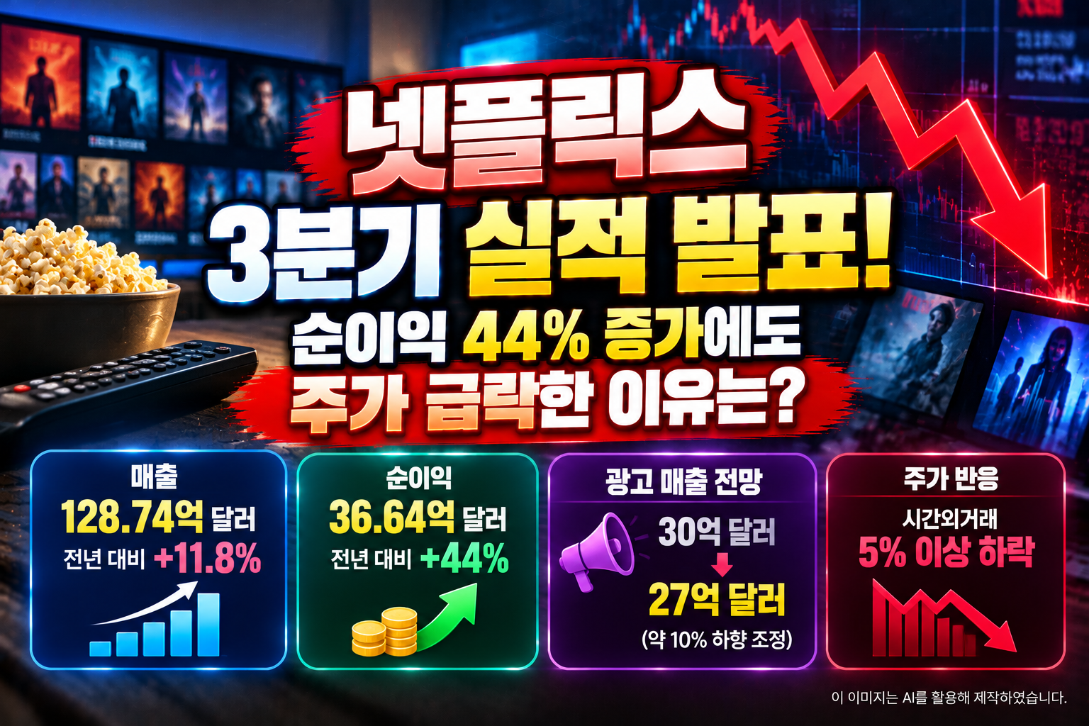 2026년 넷플릭스 3분기 실적 발표에서 매출 11.8% 증가와 순이익 44% 증가에도 광고 매출 전망 하향 및 4분기 실적 우려로 시간외 주가가 하락한 원인을 분석한 대표 이미지.