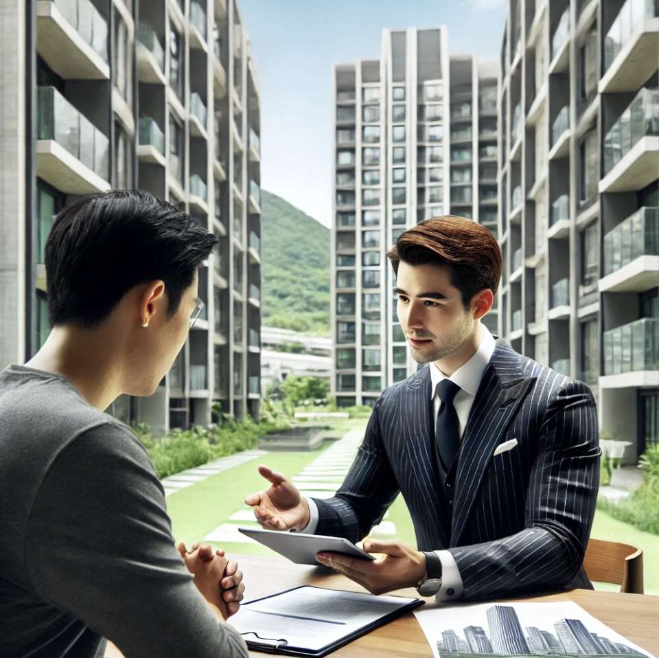 아파트 단지에서 부동산 컨설턴트가 임대주택 세금 혜택을 설명하는 모습