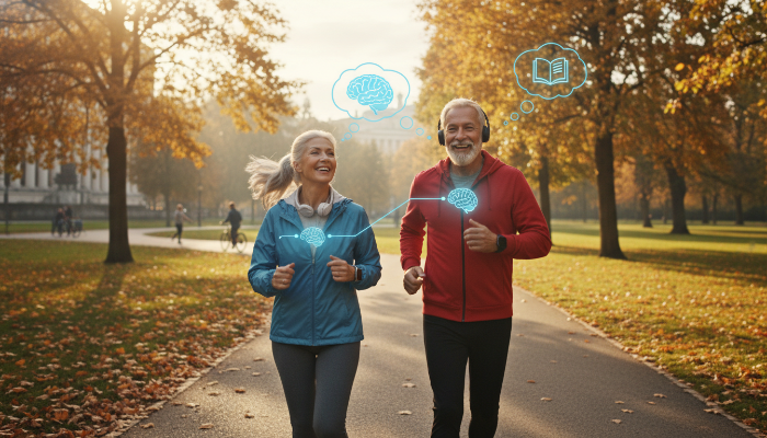 공원에서 유산소 운동을 하며 뇌 건강을 챙기는 활기찬 모습