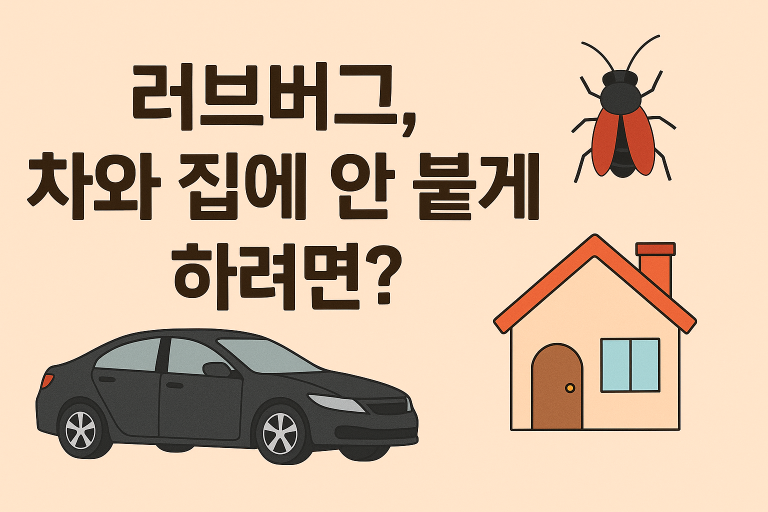 러브버그 차단법을 안내하는 밝은 색상의 디지털 일러스트 이미지. 이미지 중앙에는 &quot;러브버그 차와 집에 안 붙게 하려면?&quot;이라는 한글 문구가 있으며, 배경에는 러브버그 실루엣과 집, 자동차가 은은하게 표현되어 있음.