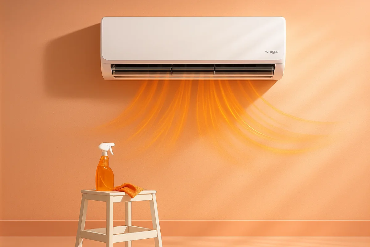 따뜻한 바람을 내보내는 에어컨과 청소 용품