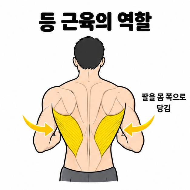 등의 광배근 위치와 팔을 몸 쪽으로 당기는 역할을 설명하는 도식