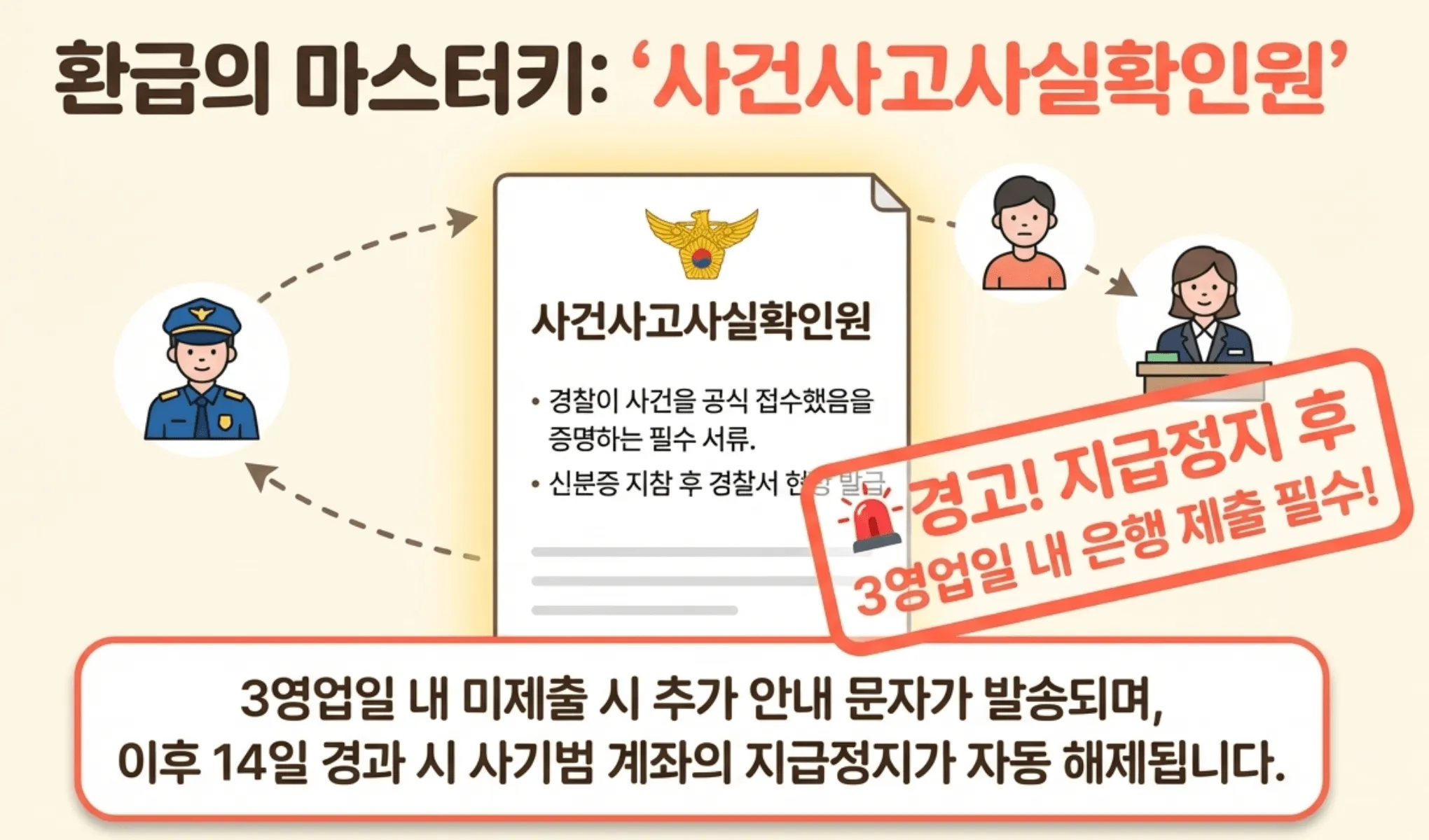 보이스피싱 피해금 환급의 핵심 서류인 &amp;#39;사건사고사실확인원&amp;#39;의 중요성을 강조하는 이미지입니다. 경찰서에서 서류를 발급받아 지급정지 후 3영업일 이내에 은행에 반드시 제출해야 하며&amp;#44; 기한을 놓치면 14일 경과 후 사기 계좌의 지급정지가 자동 해제된다는 강력한 경고 문구를 포함하고 있습니다. 