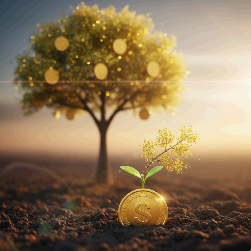 작은 $\text{동전}$에서 싹이 트고 황금 나무로 자라나는 모습. $\text{펀드 투자}$의 장기적인 성장과 $\text{복리 효과}$를 시각화하여 $\text{꾸준한 자산 증식}$의 중요성을 나타냄.