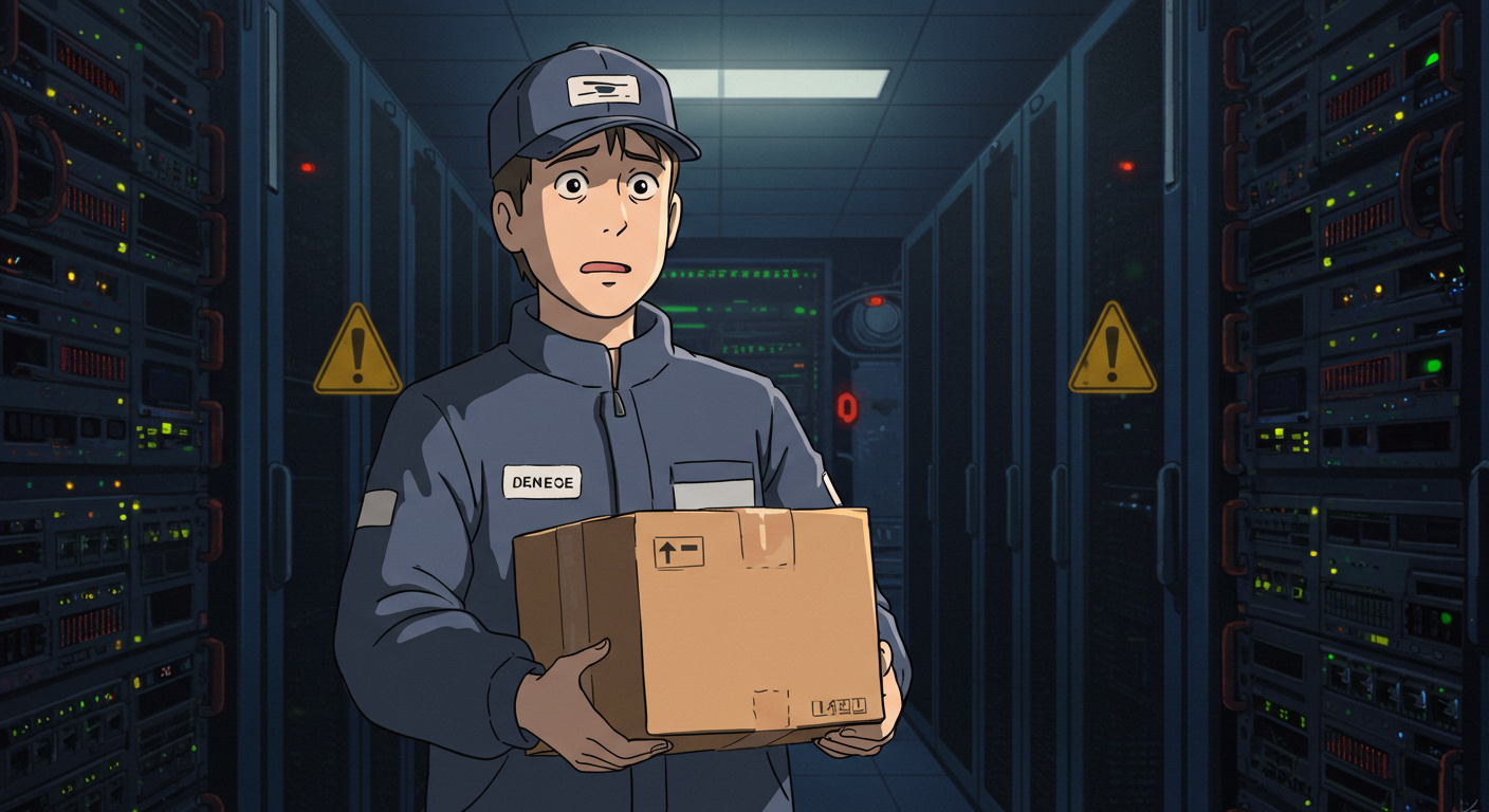 택배 상자를 든 배달원이 서버실 앞에서 걱정하는 모습