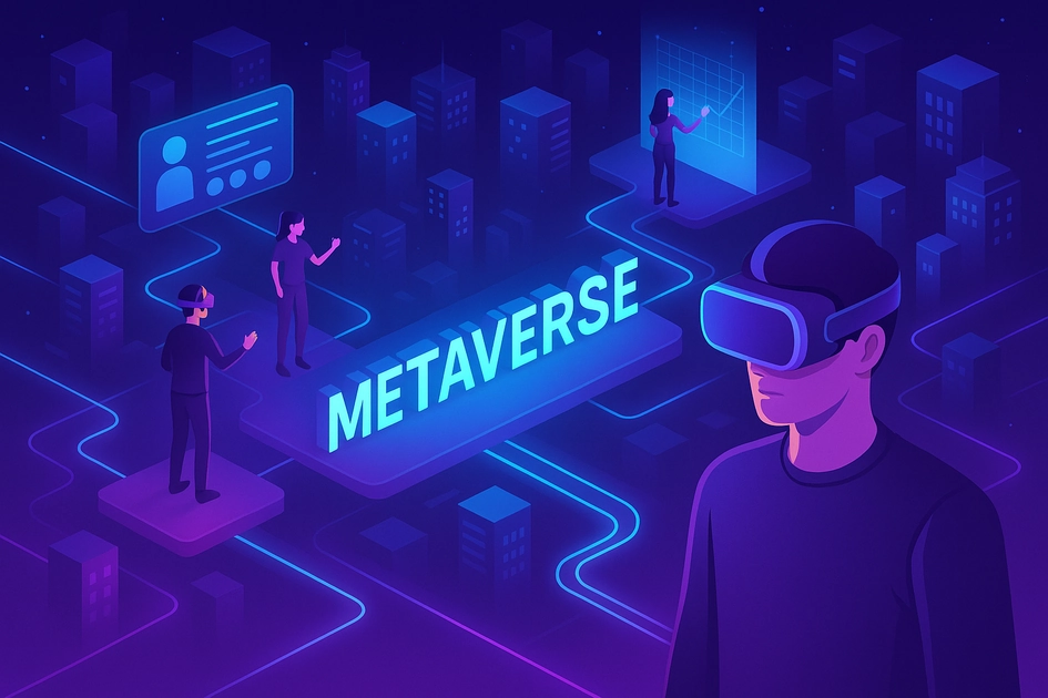 메타버스 플랫폼 가상세계 3D 환경과 아바타 상호작용을 보여주는 미래형 디지털 경관 일러스트